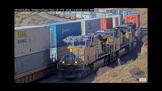 UP plaque unit leading UP intermodal train at Hesperia Railcam [upl. by Rhyne36]