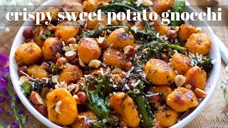 CRISPY SWEET POTATO GNOCCHI 3 INGREDIENTS  PLANTIFULLY BASED [upl. by Adniralc]