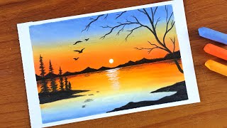 Simple Oil pastel Sunset Landscape Painting for beginners  Oil Pastel Drawing [upl. by Yrotciv]