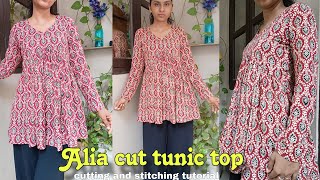 Alia cut tunic top cutting and stitching Short kurti style [upl. by Eahsed]