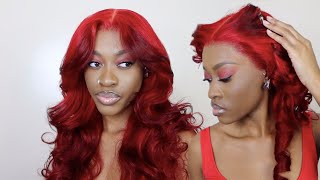 Red Ruby Curtain Bangs Wig Install  Two Toned Red Hair Color Tutorial [upl. by Zhang682]