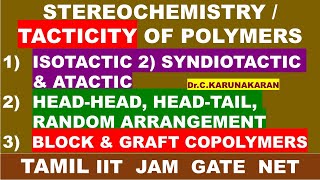 TAMIL TACTICITY POLYMER ISOTACTIC SYNDIOTACTIC ATACTIC HEADHEAD HEADTAIL BLOCK GRAFT COPOLYMERS [upl. by Alleynad]