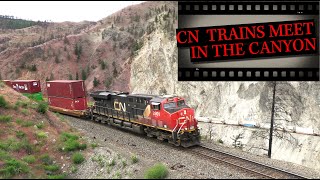 Two Canadian National Stack Trains meet at Kumsheen on opposite sides of the Thompson Canyon [upl. by Annetta]