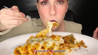 Salted Caramel ASMR cheesy meat stuffed cannoli pasta bake Mukbang bites only [upl. by Kciredorb93]