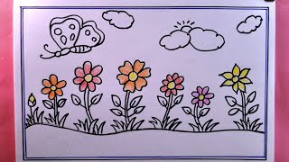 how to draw flower garden step by step easyflower garden drawing [upl. by Annej]