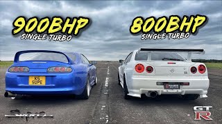 WHEN LEGENDS RACE 900BHP SUPRA VS 800BHP SKYLINE R34 GTR [upl. by Ellmyer]