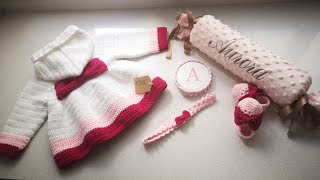 Canastilla bebé crochet Abrigo antivuelco medalla patucos y diadema rosa y blanco 👶Aurora [upl. by Chao408]