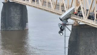 Drone video captures dramatic rescue of woman stuck in semi truck dangling over Louisville bridge [upl. by Nnadroj663]