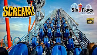 October 2024 Scream Floorless Roller Coaster On Ride Back Row 4K POV Six Flags Magic Mountain [upl. by Nosyt]