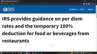 Guidance on per diem rates and the temporary 100 deduction for food or beverages from restaurants [upl. by Ociral]