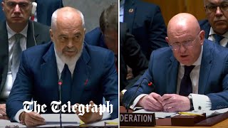 The moment Russia attempted to block President Zelensky speaking at the UN Security Council [upl. by Ardnohsed159]