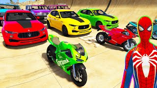 SPIDERMAN MOTORCYCLE Challenge on RIVER Ramp  SUPERHERO Hulk Moto QUAD BIKE Truck Race  GTA 5 [upl. by Blader]