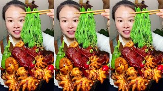 Yummy Spicy Food Mukbang Eating Braised Pork Bones With Spicy Seafood And Green Vegetables asmr [upl. by Otrebcire834]