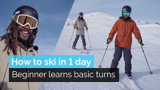 How to Ski in One Day  Beginner Learns Basic Turns [upl. by Nosemyaj]