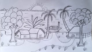 Gramer Drisso  Village Scenery  Pencil Drawing  Bangla Art [upl. by Edee]