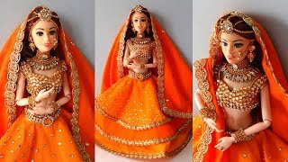 Barbie doll LEHENGA CHOLI  How to decorate a doll with indian bridal dressjewellery  Doll Lehenga [upl. by Tolkan]