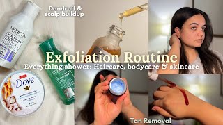 Removing tan at home ☀️ Exfoliation Routine 🫧 Face Body amp Scalp 💗💆🏻‍♀️strawberry skin amp texture 🧤 [upl. by Eenert574]