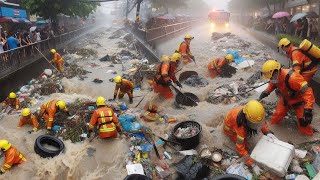 Activities to clear water from clogged drains on the streets after heavy rain [upl. by Andaira722]