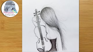 Very easy way to draw a girl with violin  Pencil sketch for beginners  Easy Drawing Technique [upl. by Alli]