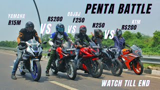 Bajaj Pulsar F250 Vs Ktm RC200 2022 Vs Yamaha R15m Vs N250 Vs Rs200  Watch Till End Shocking Result [upl. by Airdnazxela878]