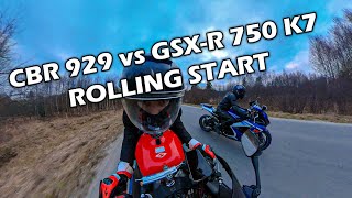 Honda CBR 929 Fireblade vs Suzuki GSXR 750 K7 🔥 ROLLING START 🏍 [upl. by Newol]