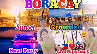 BEAUTIFUL PARADISE BORACAY SUNSET BOAT PARTYCROWDED BEACH FILIPINABRITISH COUPLE PHILIPPINES [upl. by Atekehs464]