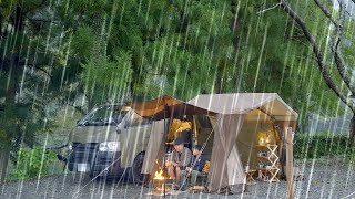 Winter car camping tripTent camp that warms up with a bonfire in the heavy rainEnjoy nature ASMR [upl. by Aicinod]