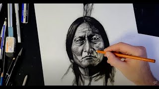 Draw a realistic Native American Chief in Charcoal and Pencil  Full Process Start to Finish draw [upl. by Daisi]