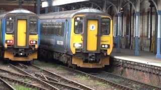 Terrific triple of Class 156s  Norwich rail station HD [upl. by Nnayr]