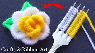 Amazing Woolen Rose Making Ideas with Fork  DIY Woolen Flowers  Hand Embroidery Amazing Trick [upl. by Saduj583]