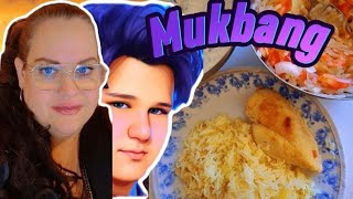 Mukbang  kyckling med ris i ugnen med kall sås tomat och lök sallad [upl. by Ecreip]