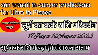 sun transit in cancer predictions for Libra to Pisces 17July to16 August 2023 सूर्य कर्क राशि संचरण [upl. by Nnairol]