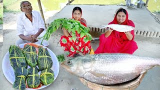 গ্রাম্যপদ্ধতিতে লাউপাতায় ইলিশ মাছের পাতুরি আর ইলিশ মাছের মাথা দিয়ে পুঁইশাক রান্নাhilsha fish recip [upl. by Fen]