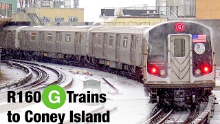 ⁴ᴷ R160 G Trains to Coney Island Action [upl. by Dorrahs]