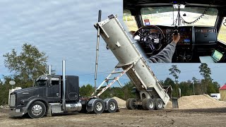 Hauling fine sand with the end dump Cockpit view grabbin gears [upl. by Acnalb]