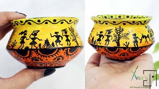 Warli art on pot  Tribal painting on pot  Warli painting [upl. by Oiram]