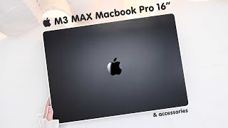 apple macbook pro m3 max 🖤space black unboxing aesthetic accessories  genshin  gameplay [upl. by Ahsenod]