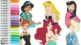 Disney Princess Coloring Book Compilation Anna Elsa Ariel Mulan Aurora and Jasmine [upl. by Rudwik]