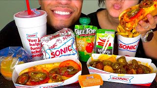 ASMR EATING SONIC JERRY WIFE CHILI CHEESE HOT DOG CHEESY FRIES HASH BROWNS MUKBANG NO TALKING [upl. by Barvick892]