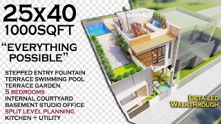 25X40 Feet  1000 Sqft Split Level House Design with Waterfall Landscape Entrance  ID141 [upl. by Ynaffet]