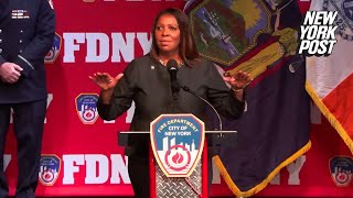 NY AG Letitia James met with chorus of boos ‘Trump’ chants during FDNY ceremony speech [upl. by Byron]