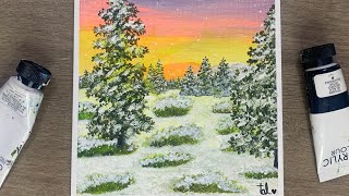 Winter Falling Snow at Sunset Serenity  Acrylic Painting for Beginners [upl. by Lustig]