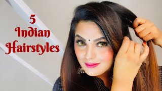 5 EASY amp QUICK Hairstyles for INDIAN Dress Kurti Suit Salwar Saree Hairstyles Simple hairstyles [upl. by Bambie]