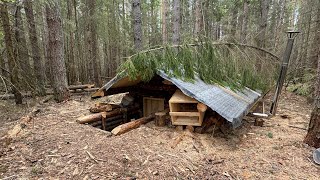 Im warming and masking a log cabin underground Build Secret Shelter Solo Bushcraft [upl. by Lamag]