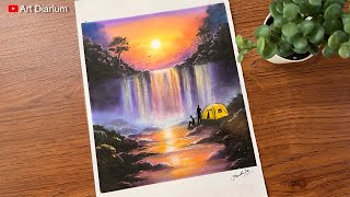 Waterfall Sunset Landscape drawing with Oil Pastel  Tutorial [upl. by Jarvey755]