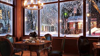 Snow Night on Window at Coffee Shop Ambience with Relaxing Smooth Jazz Music and Snow Falling [upl. by Socin]