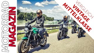 Vergleich Retrobikes der Mittelklasse  Kawa Z650RS Yamaha XSR700 Triumph Street Twin Guzzi V7 [upl. by Elleynad]