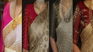 cream colour saree with contrast designer blouse collection [upl. by Annaear]