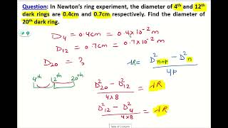 In Newton’s ring diameter of 4th and 12th dark rings are 04cm and 07cm Find diameter of 20th [upl. by Rhodia]