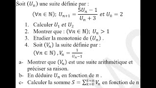 Exercice classique sur les Suites suite récurrente et suite arithmétique 1ere année bac [upl. by Nottus]